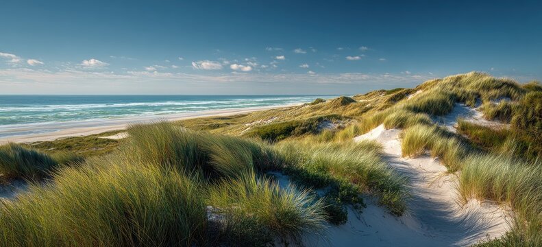 A serene coastal landscape showcases rolling sand dunes covered in lush green vegetation, leading to a vast ocean under a bright blue sky with scattered clouds.