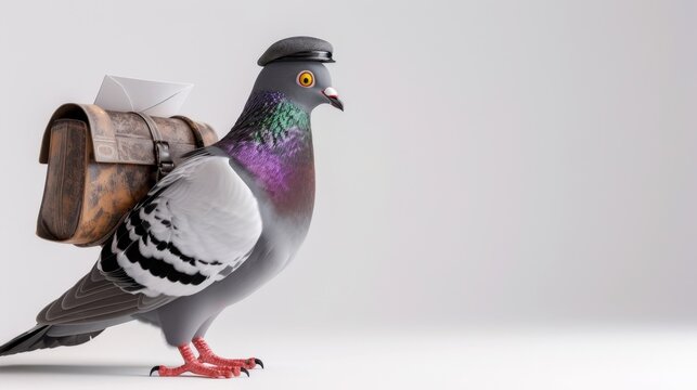 Quirky cartoon pigeon dressed with a hat and mailbag, showcasing creativity and whimsical character in a minimalistic setting