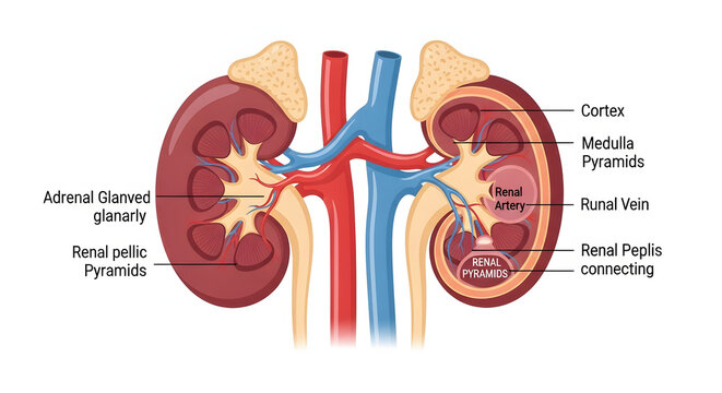 Anatomy of the human kidney, showcasing its intricate internal structures including the cortex, medulla pyramids, renal vein, adrenal gland, and renal artery, depicted in a clear medical illustration