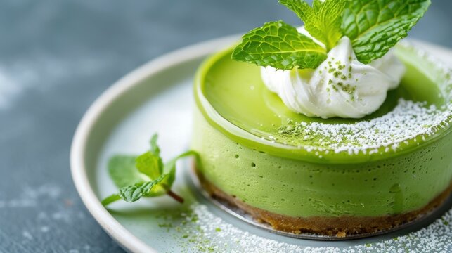 Delicate Matcha Green Tea Cheesecake with Whipped Cream and Mint Garnish on a Rustic Blue Background
