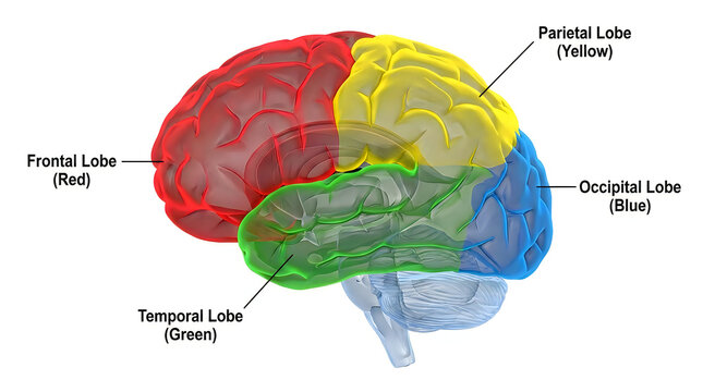 Human brain anatomy, color-coded lobes, educational diagram, Frontal, Parietal, Temporal, Occipital