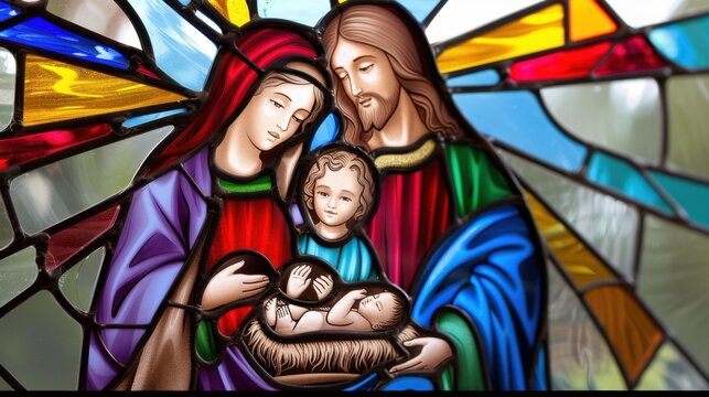 Colorful Stained Glass Window Depicting Virgin Mary, Baby Jesus, and Joseph in a Religious Setup
