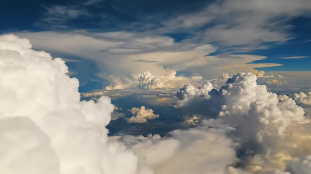 Epic Aerial View of Dramatic Cloudscape with Cumulus and Stratocumulus Clouds in the Blue Sky
