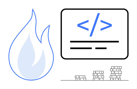 Web development, programming, technology trends, financial technology, innovation, economy. A flame, coding symbol and coins are . Web development and technology trends concept