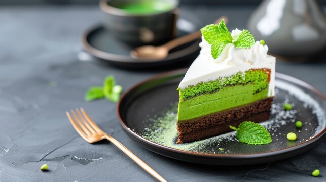 Delicious matcha green tea cake slice with cream and mint garnishes on a modern black plate and dark backdrop