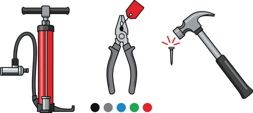 Realistic Hand Pump, Pliers, and Hammer Tool Vector Illustration Set with Color Swatches for Construction and Repair