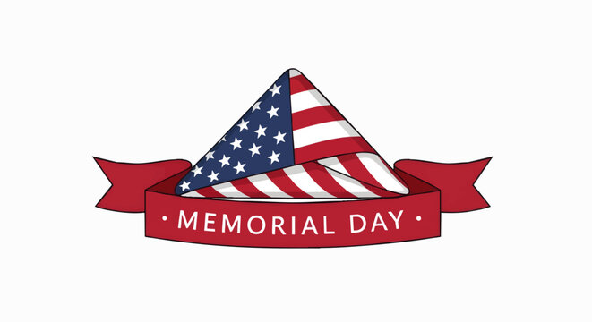 A folded American flag draped with a red ribbon that says Memorial Day across it