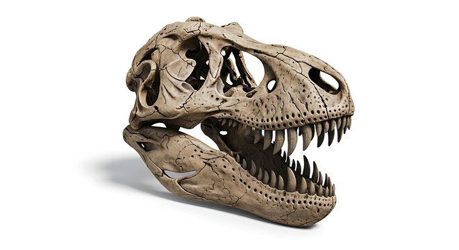 Detailed replica of a Tyrannosaurus Rex dinosaur skull, showcasing its powerful jaws and sharp teeth on a clean white background.