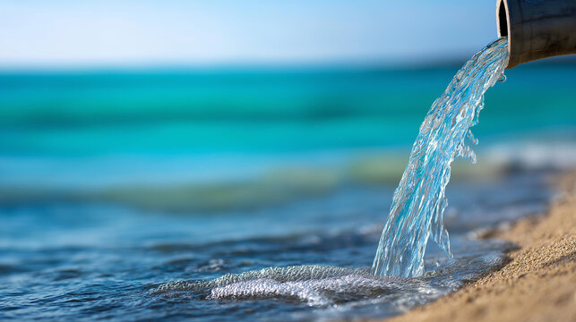 Industrial pipe discharging waste water onto a beach, environmental pollution and water waste awareness concept, defocused background, with copy space
