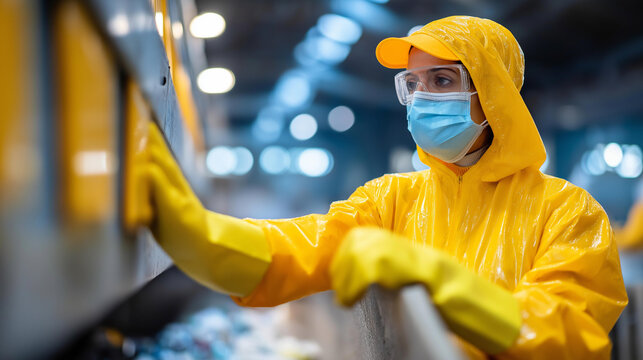 Worker in protective gear operating a waste compactor at a large landfill facility, industrial waste management operations concept, defocused background, with copy space