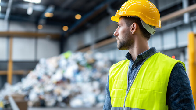 Man in a high-visibility vest and hard hat standing in a waste management facility observing a large pile of mixed waste, environmental responsibility concept, defocused