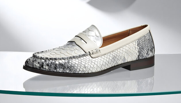 Luxury loafer made of python skin standing on a glass surface featuring realistic scales with deep shadows and warm lighting generative AI