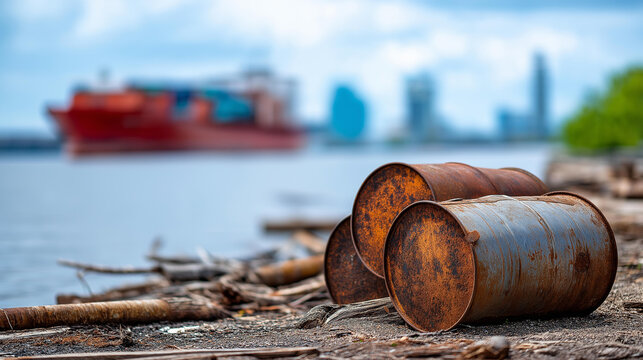 Rusty metal barrels in an industrial scrapyard with waste recycling, pollution, and shipping port background, environmental hazard concept, defocused background, with copy space