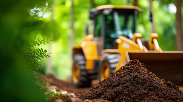 Large-scale composting operation with organic waste piles being turned by machinery in an outdoor facility, sustainable waste management concept, defocused background, with copy