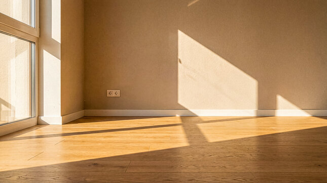 Warm sunbeams streaming through a window onto a light wooden parquet floor with abstract shadows inside a modern home.