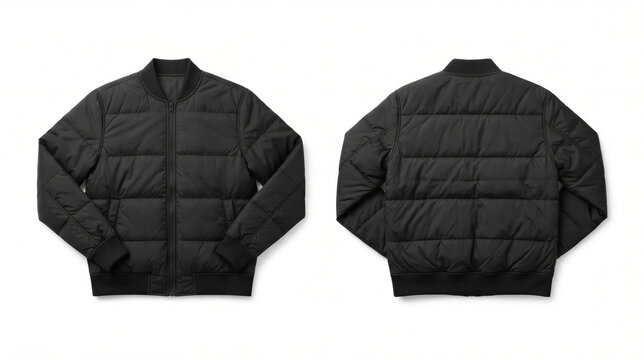 Two black puffer jackets Mockup  showcased side by side on white background front and back
