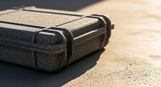 Rugged gray plastic protective case for equipment, covered in tiny water droplets or frost particles, resting on textured concrete surface under bright sunlight with strong shadows.