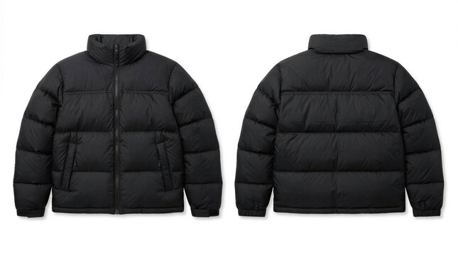 A black puffy jacket Mockup is shown from the front and back on a white background