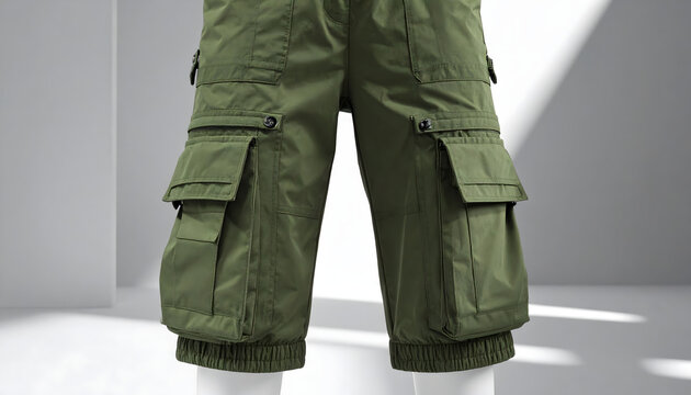 Tapered cargo joggers made of olive green ripstop nylon on a ghost mannequin in an urban industrial setting featuring buckles generative AI