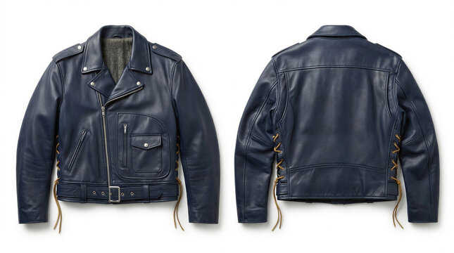 A black leather jacket Mockup with zippers and buckles is shown from front and back views.