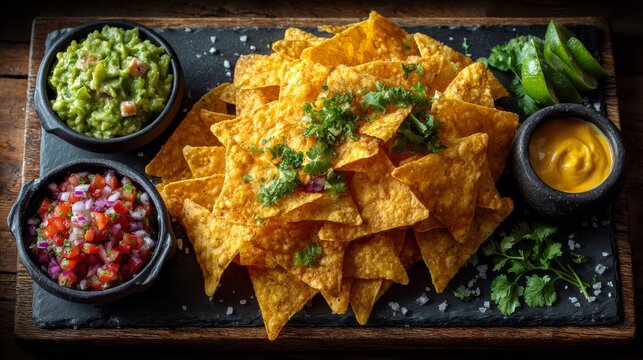 Nachos with guacamole, salsa, and cheese sauce on a wooden serving board