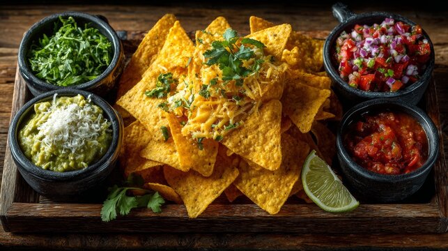 Nachos with cheese, guacamole, salsa, and fresh toppings on wooden platter