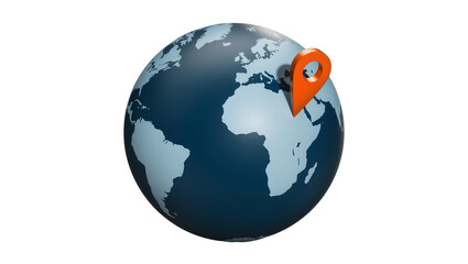 Obraz premium Orange location pin marking a spot on a dark blue globe, isolated on transparent background
