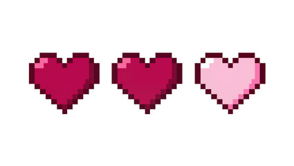 Three pixelated hearts in shades of pink and red, isolated on transparent background © Mira