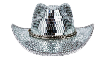Sparkling silver disco cowboy hat with rope band, isolated on transparent background © Mira