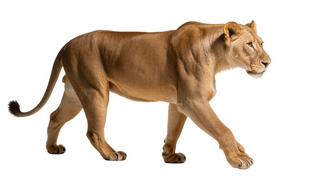 Majestic lioness walking showing powerful muscles, isolated on transparent background
