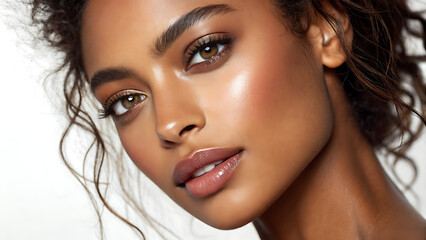Obraz premium Close Up Of A Mixed Race Woman With Glossy Lips Warm Brown Skin Tone And Beautiful Eyes Beauty Photography Showcasing Flawless Texture Background.