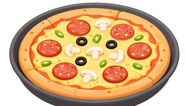 Delicious cartoon style pepperoni pizza with mushrooms and olives in a pan