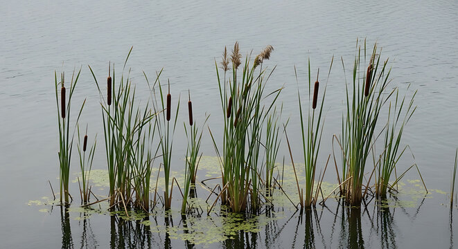 Cattails growing in a body of water with reflection