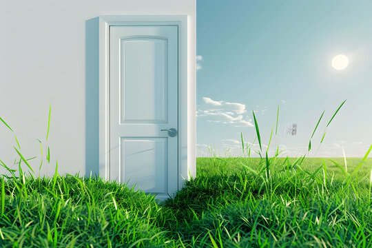 Summer solstice 2.5D illustration of white door in green field. Midsummer transition concept