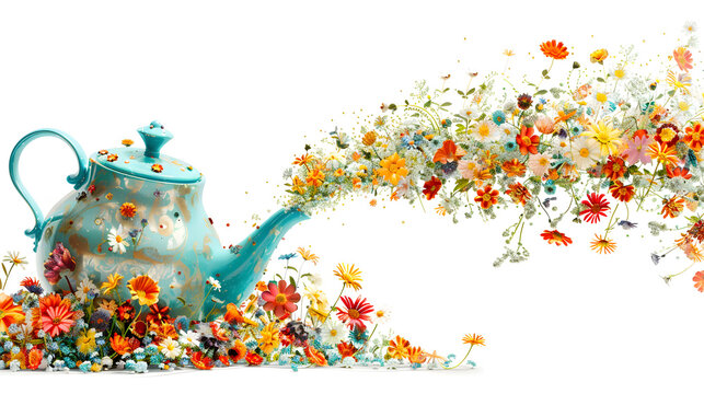 Summer solstice 2.5D illustration of teapot with flying wild flowers. Midsummer herb tea