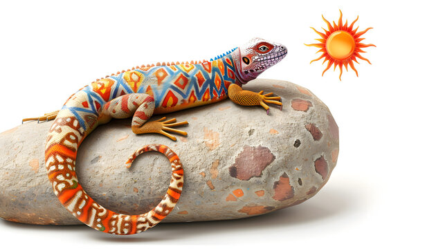 Summer solstice 2.5D illustration of lizard on stone under sun. Midsummer heat concept