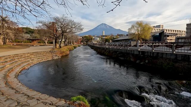 Fujisan Hongu Sengen Taisha Shrine location within downtown Fujinomiya is beautiful scene of Fuji mountain with river and japanese city in fujinomiya shizuoka Japan. Stable footage travel. 