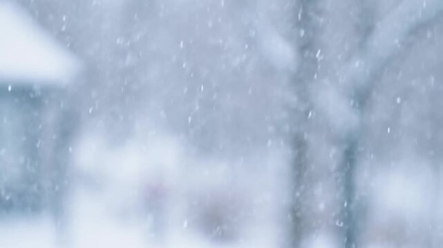 Slow motion static shot of snowfall falling over suburban backyard with blurred trees and house in winter overcast