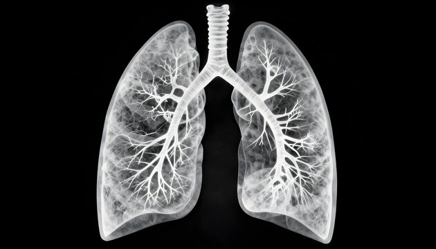 X-ray like image of human lungs and trachea on a black background