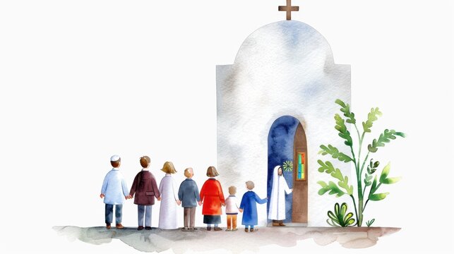 Group of Diverse People Approaching Small Church Building Under Blue Sky, Watercolor Illustration