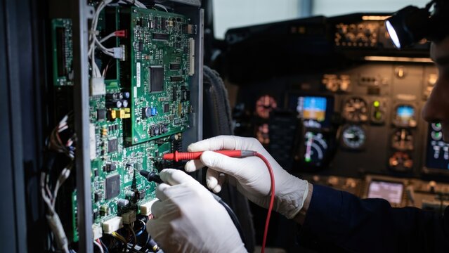 Technician Testing Electronics Panel in Cockpit Instrument with Testing Equipment