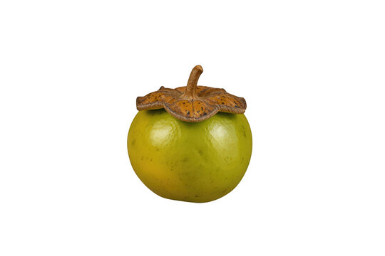 Green diospyros blancoi fruit, known as mabolo or velvet apple, with a brown calyx, isolated on transparent background