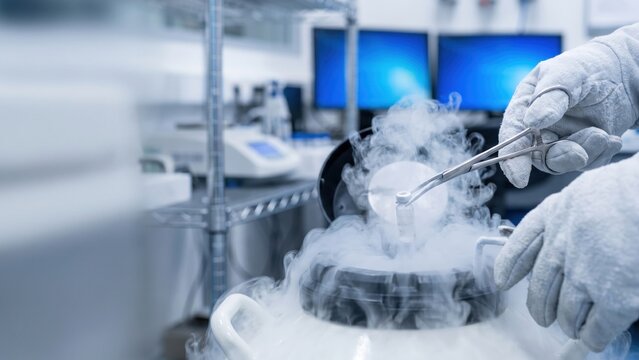Technician transferring biological samples from liquid nitrogen dewar under sterile conditions