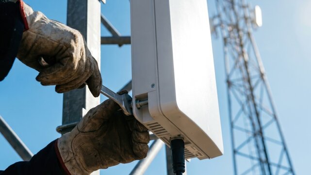 Technician Installing Small Cell Antenna Module on Communication Tower for 5G Network
