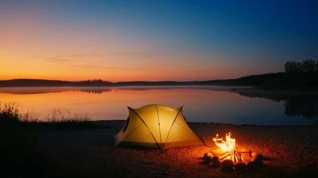 Static shot of tent and campfire glowing on lakeshore at dusk with calm water reflection and rising embers