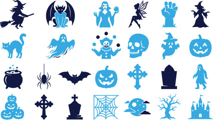 Fototapeta premium Halloween icons set with witch ghost bat skull pumpkin and spooky symbols.