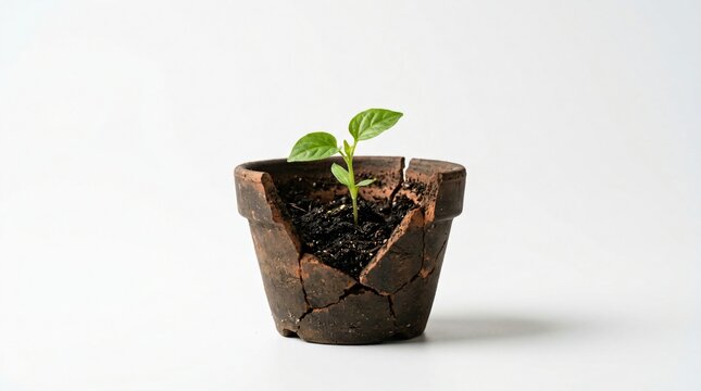 cracked pot with new plant growth recovery concept