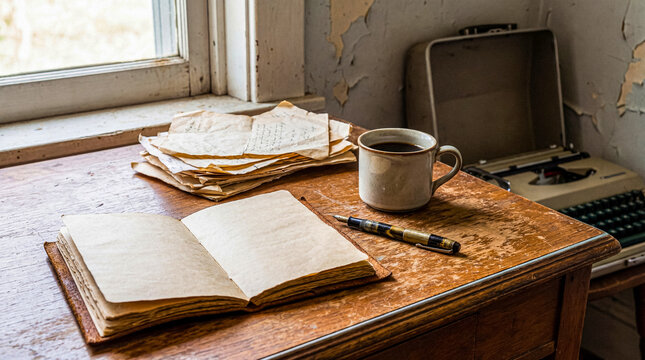 Open blank old notebook with a pen and coffee mug on a worn wooden desk, next to a vintage typewriter. Photograph.