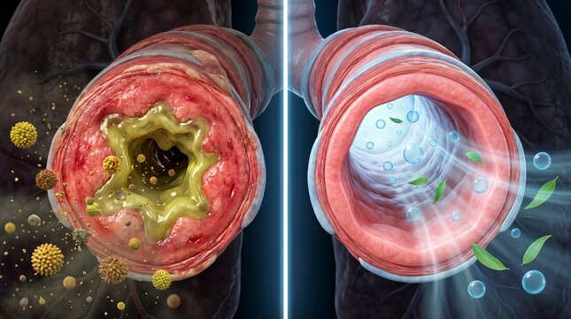 Healthy vs diseased airway comparison showing inflammation and mucus buildup