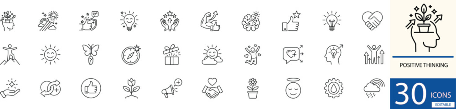 Flat line vector positive thinking icon set showing motivation, mindset, and personal growth concepts in clean minimal style. Perfect for wellness and self-development design use.